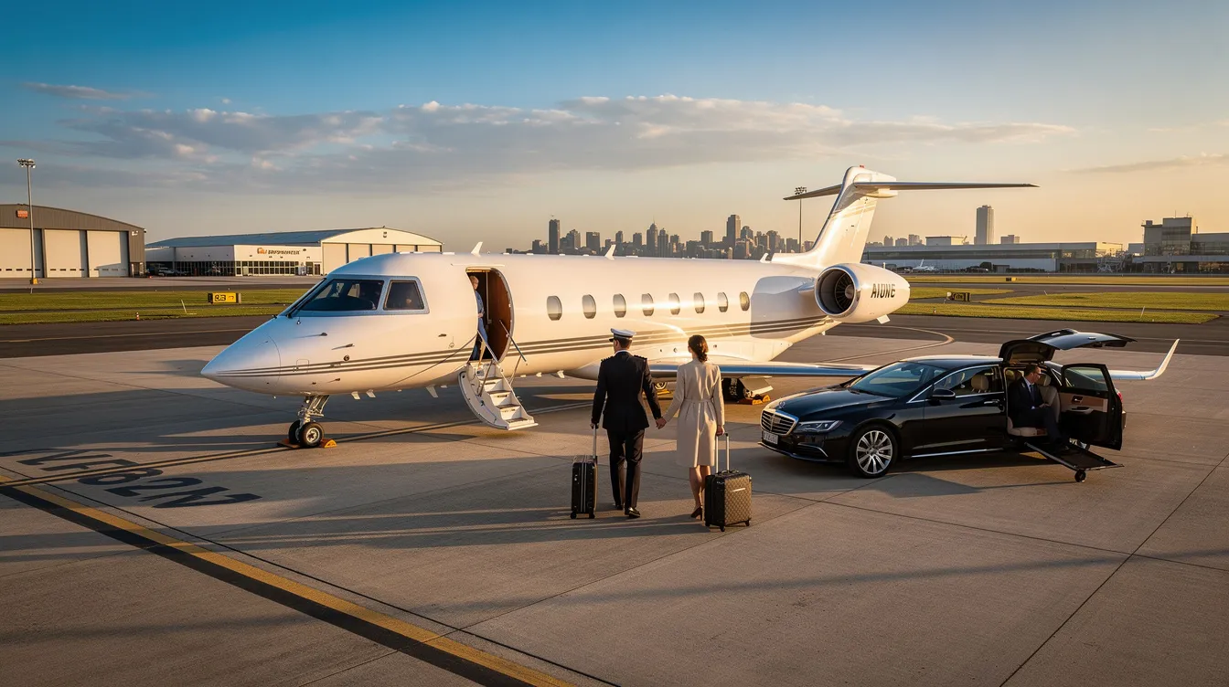 The image depicts a luxurious private jet parked at a modern airport, showcasing the elegance of private aviation. Nearby, a digital flight tracker displays real-time flight status and route details, emphasizing the convenience and flexibility of booking private trips.