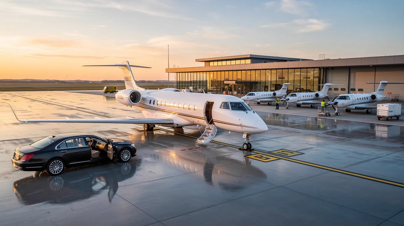 The image depicts a luxurious private jet parked at a modern airport, showcasing the elegance of private aviation. Nearby, a digital flight tracker displays real-time flight status and route details, emphasizing the convenience and flexibility of booking private trips.