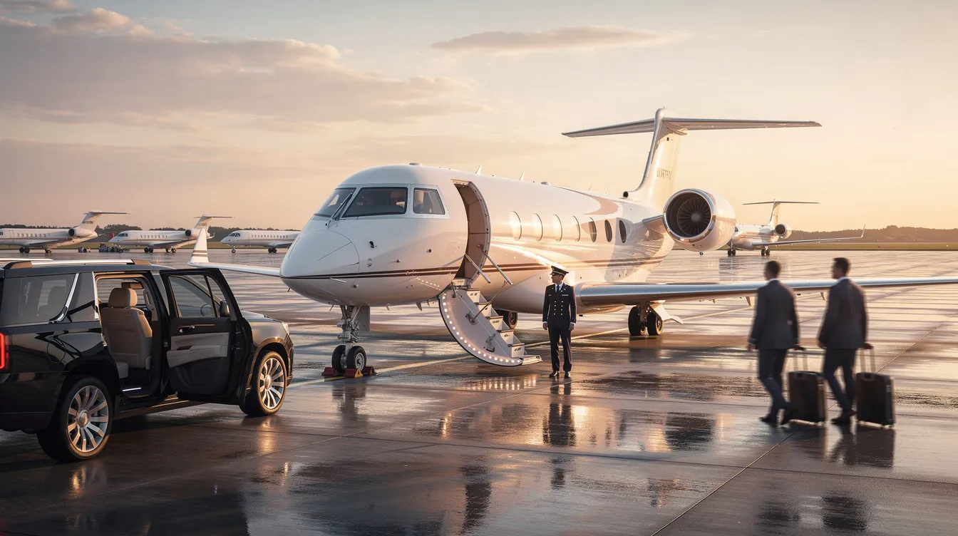 The image depicts a sleek private jet from the airx fleet, showcasing the luxury and comfort associated with private aviation. Passengers are seen enjoying a great flying experience, highlighting the commitment to safety and excellence in service provided by airx operated flights.