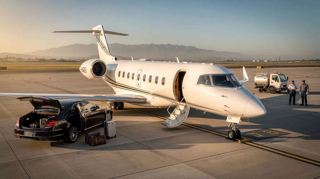 The image depicts a sleek private jet parked on the tarmac of Miami International Airport, ready for departure to Cancun International Airport. The scene highlights the luxury of private aviation, showcasing the convenience of direct flights and the allure of quick getaways to popular destinations like Cancun.
