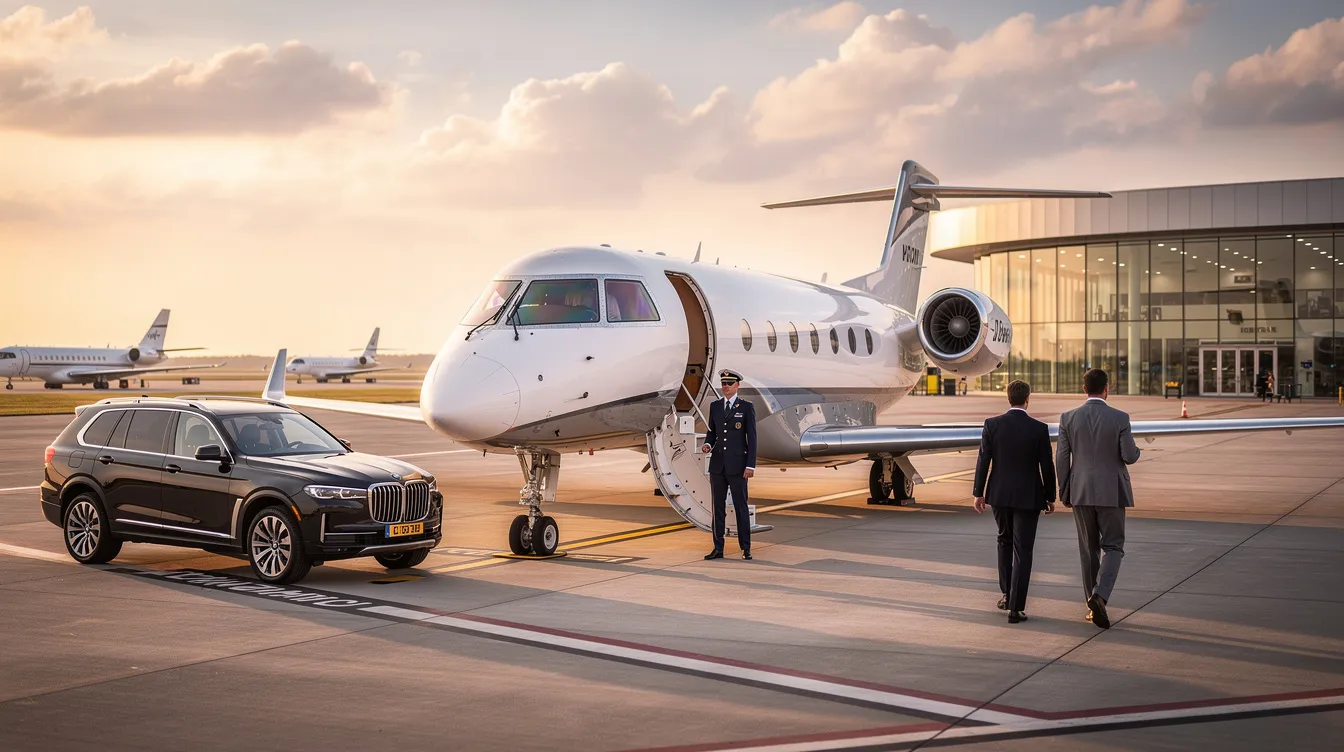 The image depicts a sleek private jet parked on the tarmac of Miami International Airport, ready for departure to Cancun International Airport. The scene highlights the luxury of private aviation, showcasing the convenience of direct flights and the allure of quick getaways to popular destinations like Cancun.
