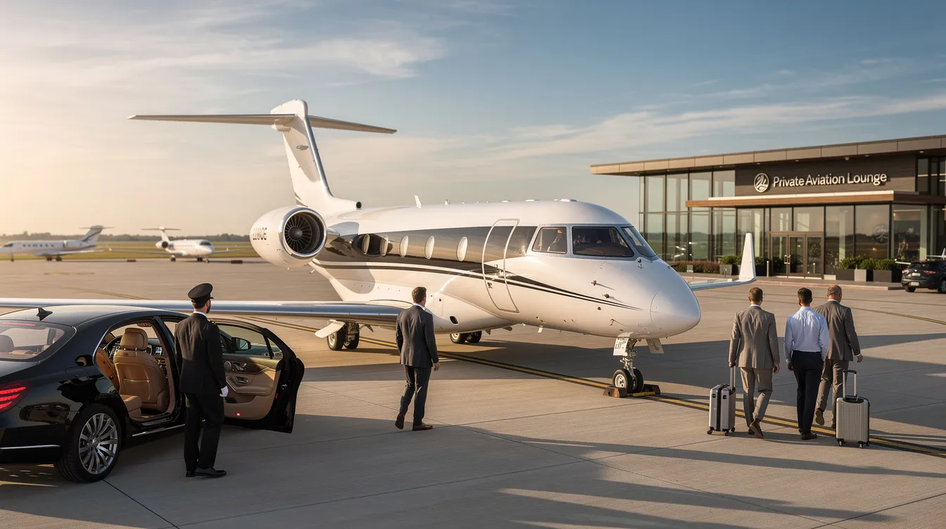 The image depicts a sleek private jet on the tarmac, symbolizing luxury and convenience in air travel. It emphasizes the appeal of private aviation as an alternative to commercial airlines, offering travelers a more personalized experience for flights to destinations like Lake Superior.