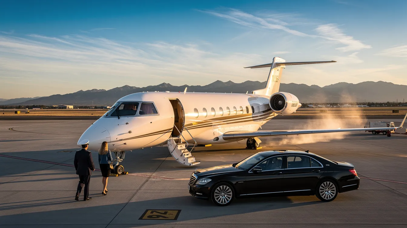 The image depicts a sleek private jet on a runway, symbolizing the luxury of private aviation. It represents a future where business travel is efficient and comfortable, offering a better air experience for families and professionals alike.