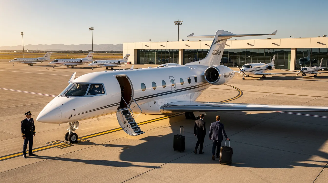 The image depicts a sleek private jet on a runway, symbolizing the luxury of private aviation. It represents a future where business travel is efficient and comfortable, offering a better air experience for families and professionals alike.