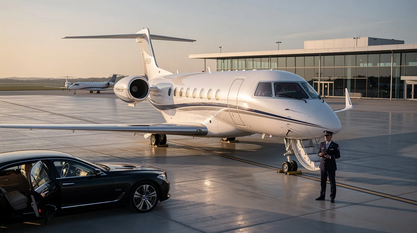 The image depicts a sleek private jet parked at a modern airport, showcasing the convenience of private aviation for travelers seeking direct flights to popular destinations like Carson City. With amenities designed for a stress-free journey, this aircraft symbolizes the luxury and efficiency of flying to major cities such as Los Angeles and Reno Tahoe.