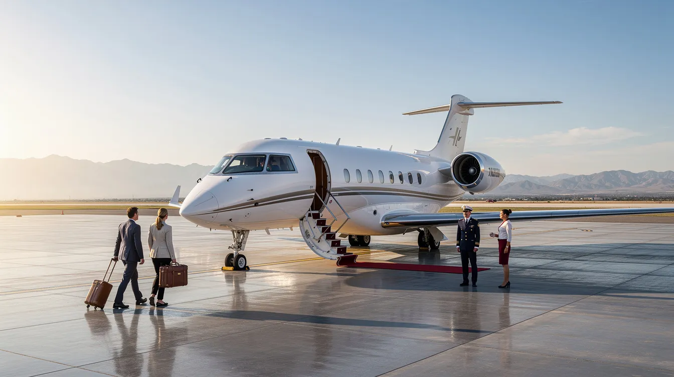 The image depicts a luxurious private jet parked at Ibiza Airport, ready for passengers to embark on their private flight to the stunning beaches of Ibiza, Spain. The vibrant atmosphere of the island is highlighted by its crystal clear waters and rich cultural heritage.