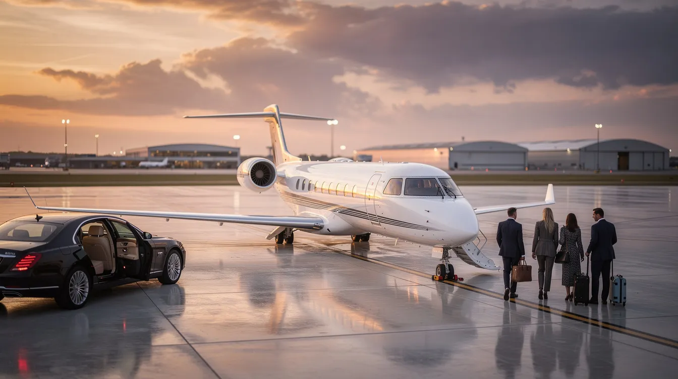 The image depicts a sleek private jet ready for takeoff at Chicago Executive Airport, symbolizing luxury private aviation. This jet is part of a private jet charter service, connecting travelers from Chicago to Miami, highlighting the convenience and efficiency of private air travel.