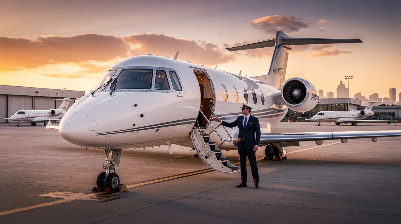The image depicts a sleek private jet ready for takeoff at Chicago Executive Airport, symbolizing luxury private aviation. This jet is part of a private jet charter service, connecting travelers from Chicago to Miami, highlighting the convenience and efficiency of private air travel.