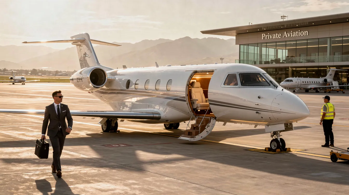 An image depicting a sleek private jet on the tarmac at a luxurious airport, ready for takeoff. The scene highlights the convenience of private aviation, with details like crew members preparing for the flight and a backdrop of a sunny sky, emphasizing the benefits of chartering a private jet for time savings and comfort.