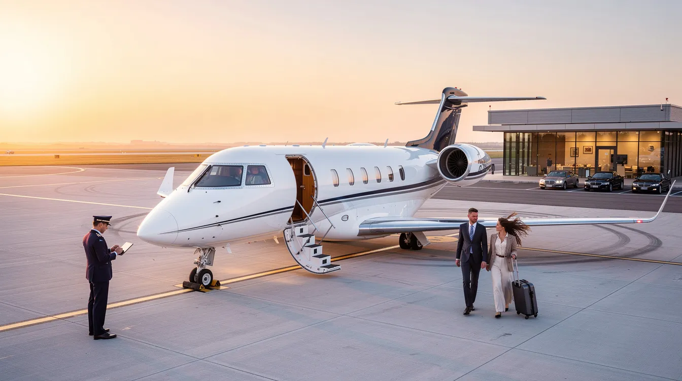 An image depicting a sleek private jet on the tarmac at a luxurious airport, ready for takeoff. The scene highlights the convenience of private aviation, with details like crew members preparing for the flight and a backdrop of a sunny sky, emphasizing the benefits of chartering a private jet for time savings and comfort.