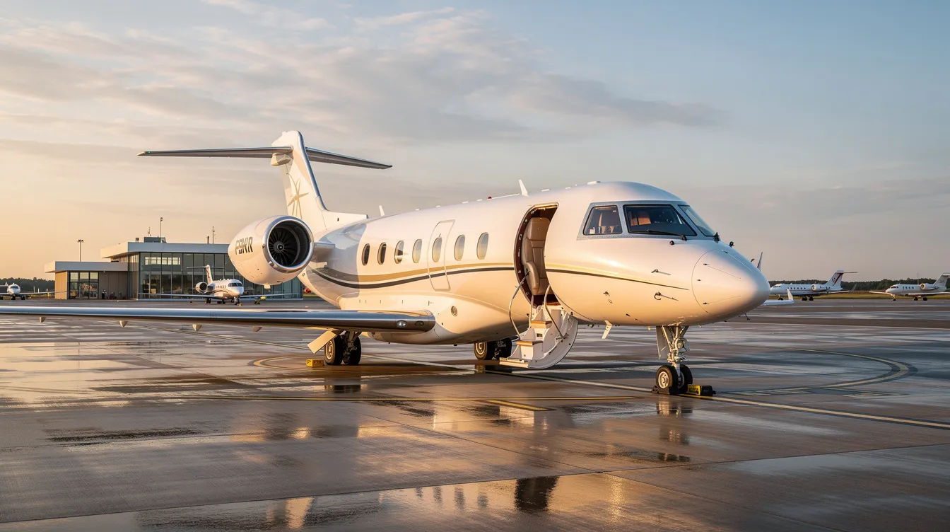 The image depicts a sleek private jet parked at a general aviation terminal, ready for a charter flight from Washington D.C. to Miami. The luxurious cabin is designed for business executives and leisure travelers, emphasizing the comfort and privacy offered by private jet charter services.