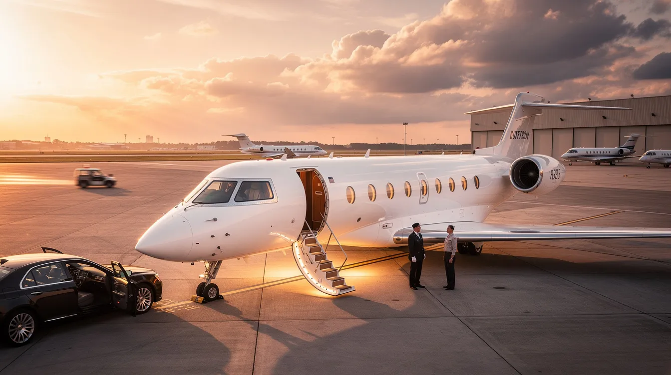 The image depicts a sleek private jet parked at a general aviation terminal, ready for a charter flight from Washington D.C. to Miami. The luxurious cabin is designed for business executives and leisure travelers, emphasizing the comfort and privacy offered by private jet charter services.