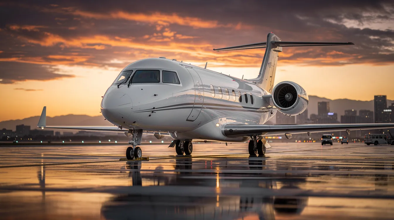 The image showcases a sleek private jet parked at a luxurious airport, ready for travelers seeking exclusive flights to popular destinations in Italy, such as Rome and Venice. The setting highlights the elegance of private air travel, ideal for those looking to explore major cities or embark on a round trip to Italy's most visited attractions.
