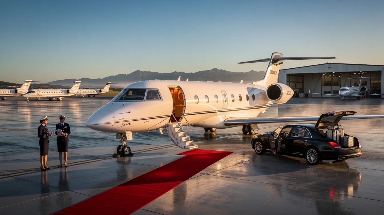 The image depicts a luxurious private jet parked at a small airport, ready for travelers to embark on their journey to popular Italian destinations like Venice or Rome. The scene highlights the convenience of private aviation, offering direct flights and a comfortable travel experience for those exploring Italy's major cities.