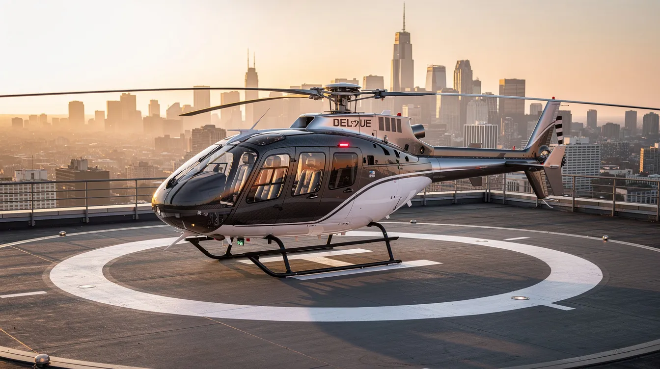 A modern private helicopter is parked on a rooftop helipad, offering a stunning view of the city skyline. This image highlights the importance of air ambulance services for medical emergencies, showcasing the aircraft's role in critical medical transport and evacuation.