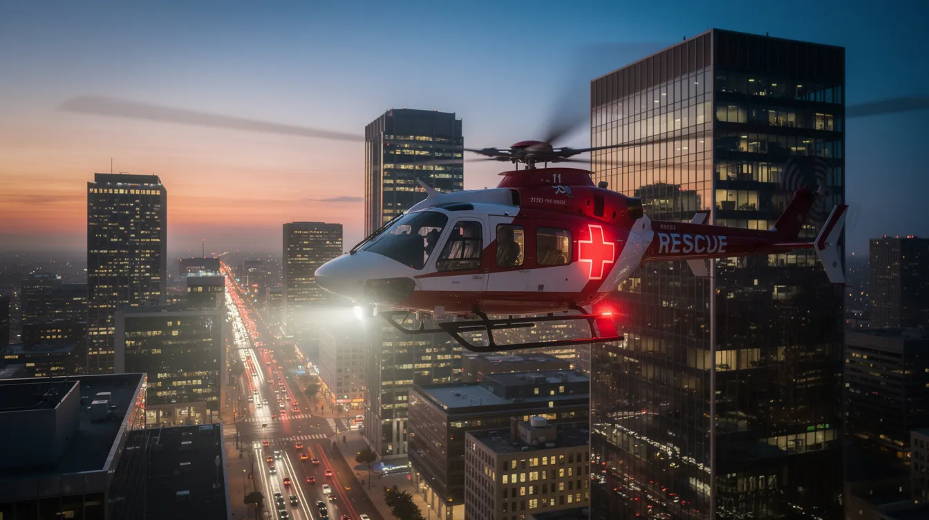 A medical helicopter, serving as an air ambulance, is seen flying over an urban skyline at dusk, highlighting its role in emergency services and medical evacuation. The vibrant cityscape below contrasts with the urgent mission of the air ambulance, emphasizing the critical nature of air ambulance transport in medical emergencies.