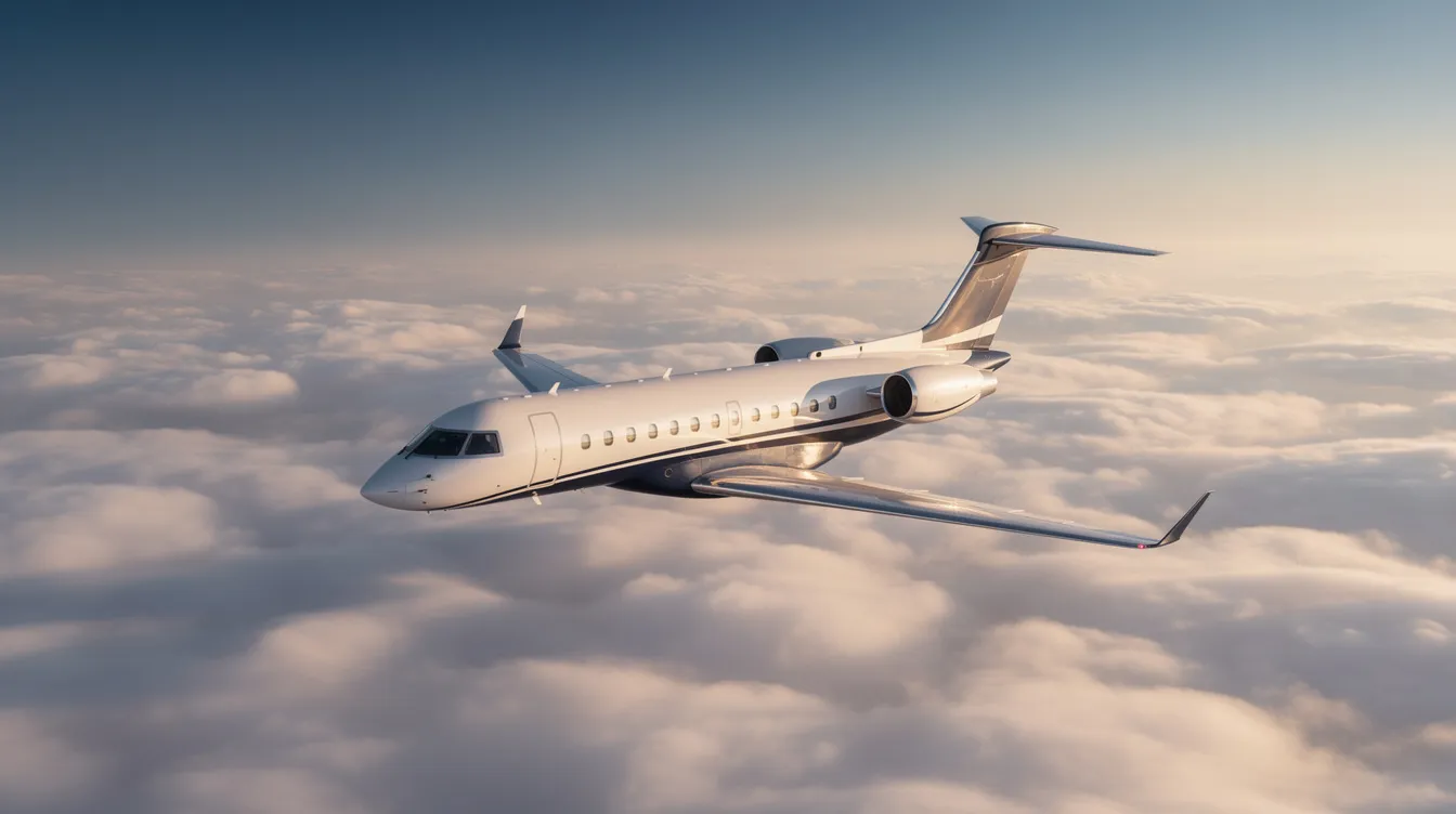A light business jet is soaring above a sea of fluffy white clouds, showcasing its sleek design and powerful engines. This private jet, ideal for efficient travel, embodies luxury and high standards in private aviation.