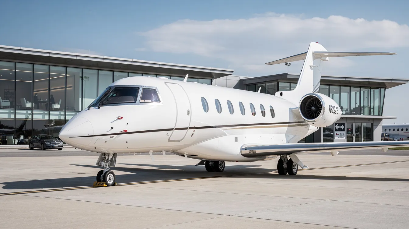 A sleek private jet is parked on the airport tarmac, with a modern business terminal visible in the background. This scene highlights the luxury of private aviation, showcasing the jet's polished exterior and the convenience of access to private jets for sale.