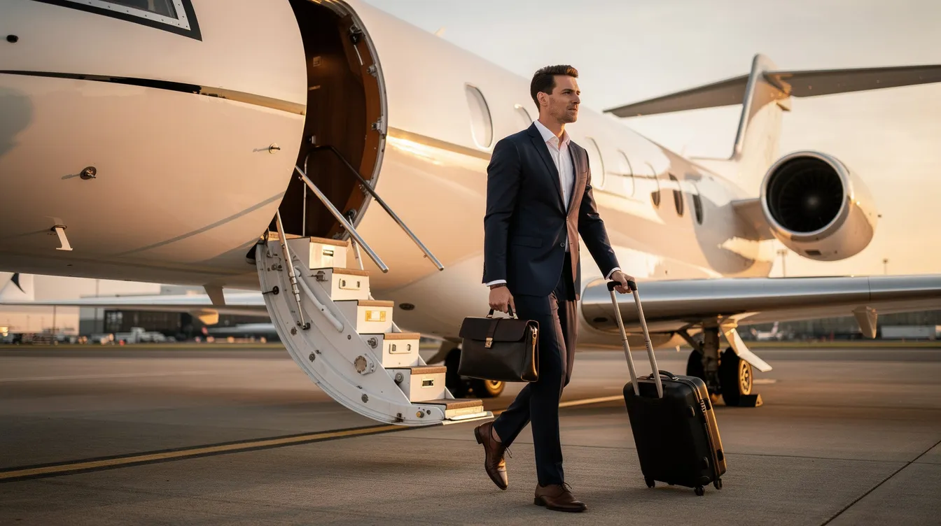 A business executive is seen boarding a luxurious private jet, accompanied by their luggage, ready for a flight in the world of private aviation. The scene highlights the elegance of business jets, showcasing the convenience and high standards of aircraft ownership.