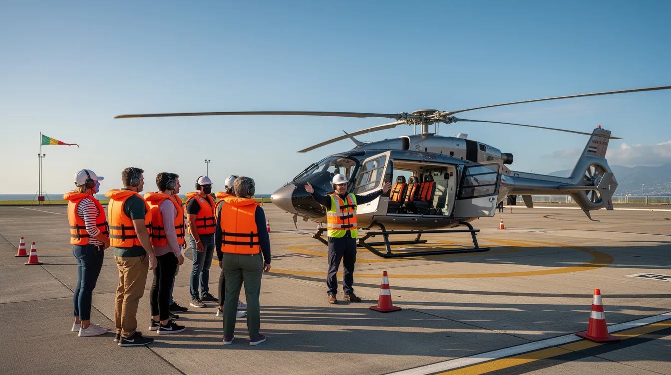 A group of passengers attentively listens to a safety briefing from a professional before boarding the helicopter for their upcoming flight. This informative moment ensures they are prepared for the thrilling adventure of soaring over iconic landmarks and breathtaking landscapes during their helicopter tour.