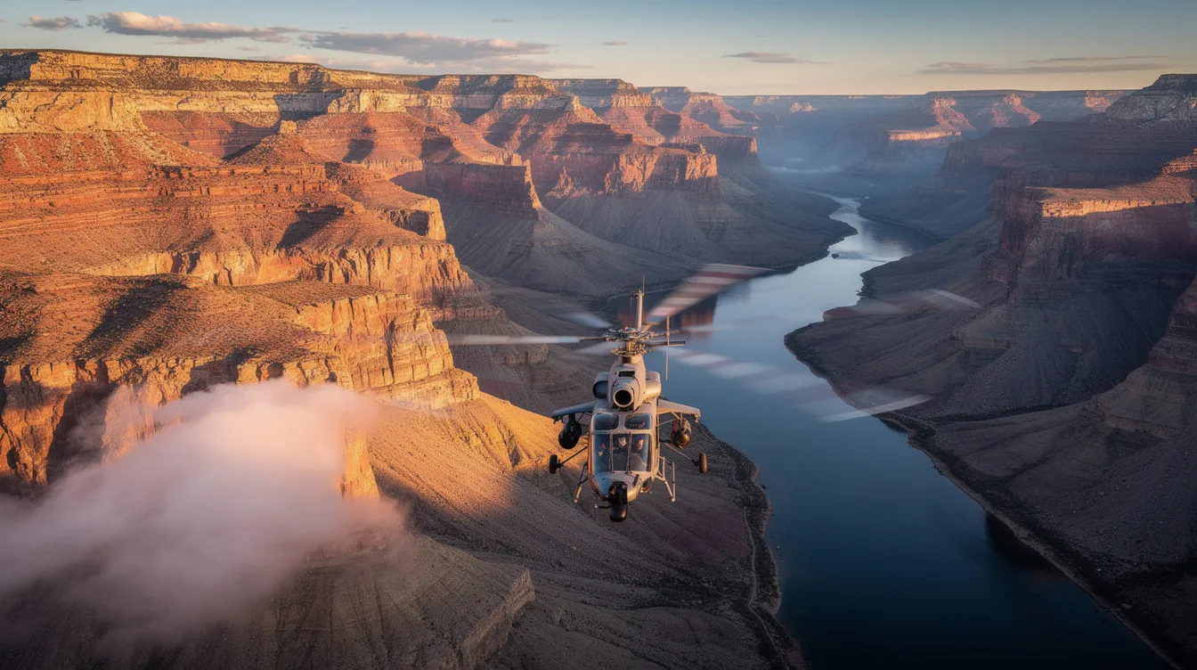 A helicopter soars above a dramatic canyon landscape, revealing breathtaking views of a winding river below. This stunning aerial perspective offers an unforgettable experience, perfect for those seeking adventure during their visit to iconic landmarks like the Grand Canyon.