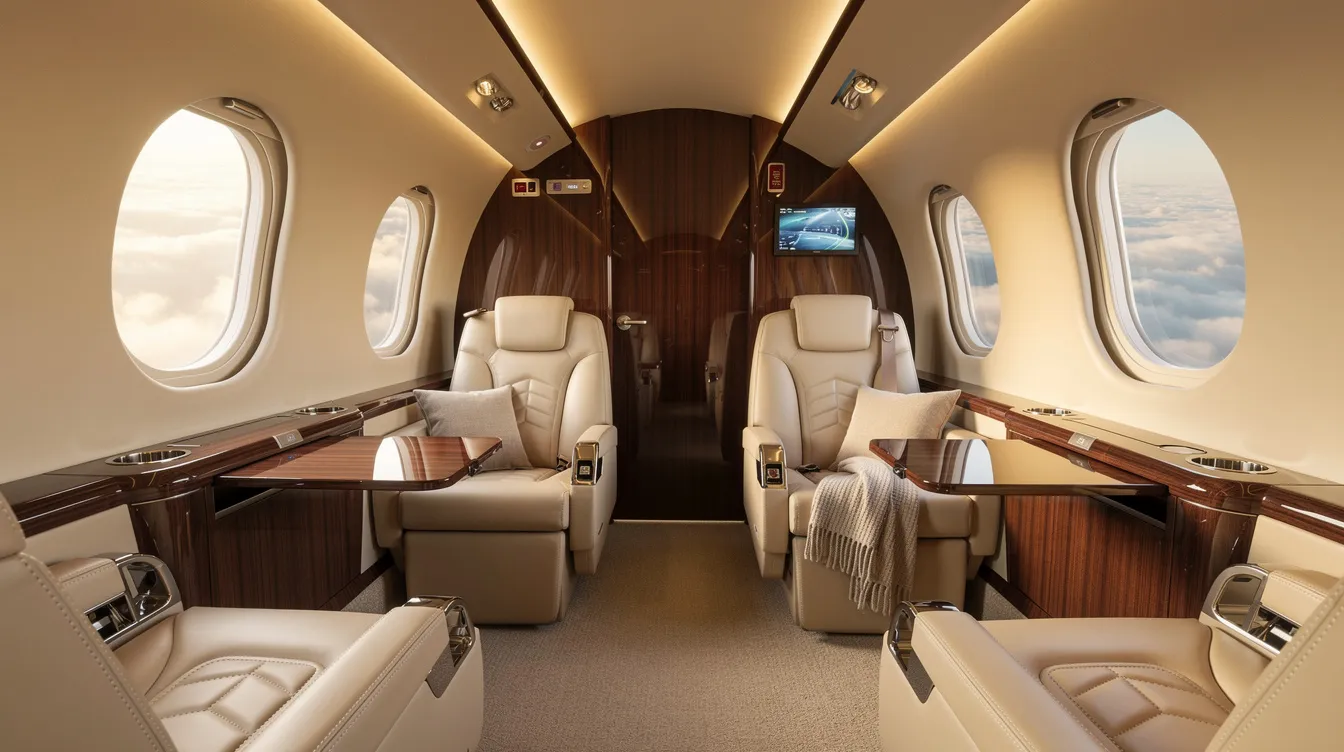 The image showcases the luxurious interior cabin of a private jet, featuring plush leather seats and elegant wood accents, designed for comfort and style. This opulent setting is ideal for private jet travelers seeking a premium flying experience, whether for a private flight to Memphis or other destinations.