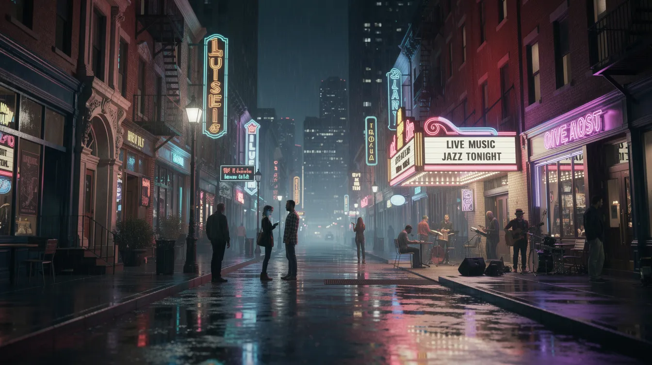 The image depicts a vibrant neon-lit street at night in downtown Memphis, showcasing historic buildings and live music venues that embody the city's rich musical heritage. The scene captures the lively atmosphere, hinting at the sounds of blues and rock 'n' roll that define this iconic location.