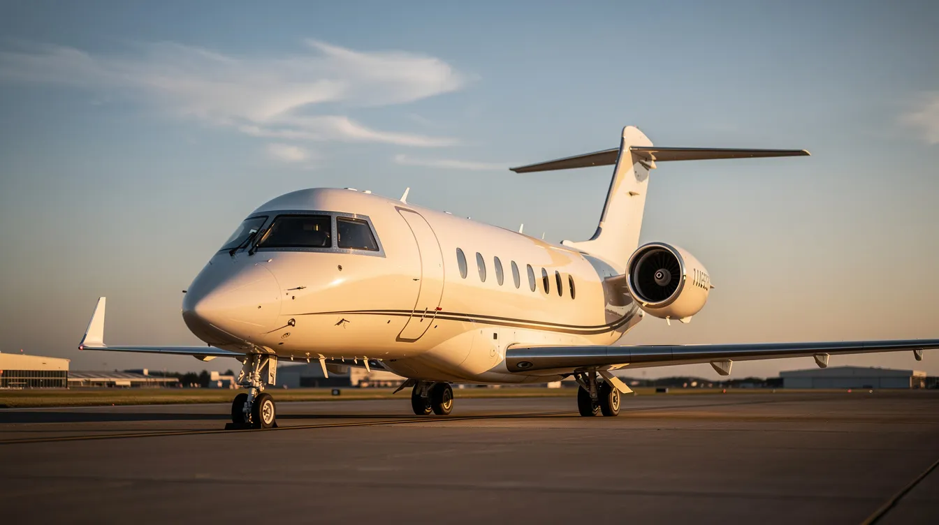 A sleek private jet is parked on a tarmac, showcasing its streamlined design and glossy exterior, ready for its next flight. The scene highlights the efficiency and luxury of private air travel, emphasizing the importance of flight plans and safety for pilots.