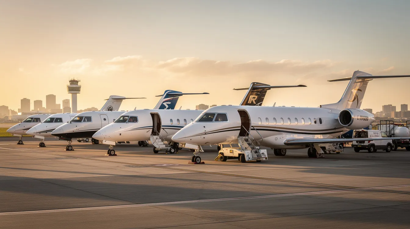 The image depicts various private jets of different sizes parked at an executive airport, showcasing the luxury and convenience of private aviation. These aircraft represent a range of options available for private jet charters, emphasizing personalized concierge services and exceptional service for clients seeking a luxurious flying experience.