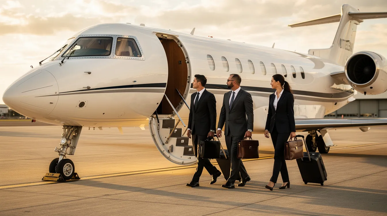A group of business professionals in stylish suits are boarding a midsize private jet, ready for their corporate travel. The scene highlights the luxurious flying experience offered by private jet charters, emphasizing convenience and exceptional service for their journey.