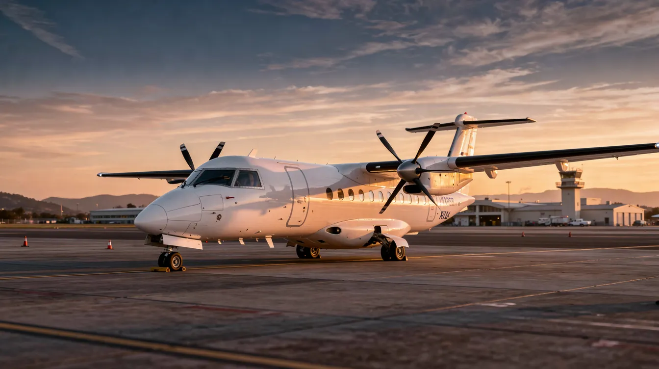 A small turboprop aircraft is parked on the tarmac of a regional airport, bathed in the warm hues of a sunset. This scene captures the essence of general aviation, highlighting the beauty of pre-owned aircraft available for sale.