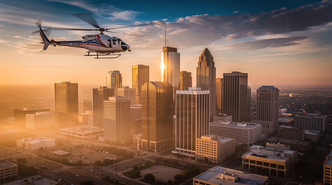 A helicopter soars over the downtown Dallas skyline during golden hour, showcasing the city's iconic buildings and landmarks bathed in warm light. This unique perspective offers guests an unforgettable flight experience, perfect for capturing stunning photos of the vibrant city below.