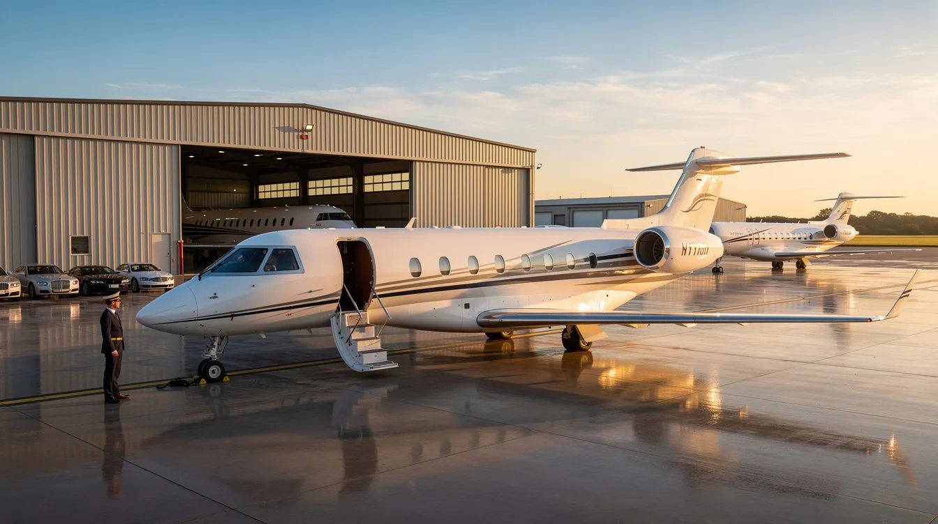 The image depicts a sleek private jet parked on a tarmac, symbolizing luxury travel options for discerning travelers. With the promise of great flight deals and easy cancellations, this private aviation experience offers the ultimate convenience for planning your next getaway to popular destinations.
