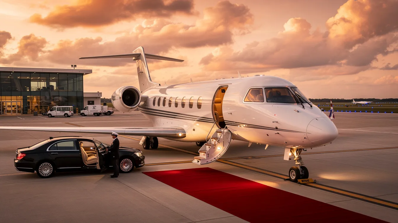 The image depicts a sleek private jet parked on a tarmac, symbolizing luxury travel options for discerning travelers. With the promise of great flight deals and easy cancellations, this private aviation experience offers the ultimate convenience for planning your next getaway to popular destinations.