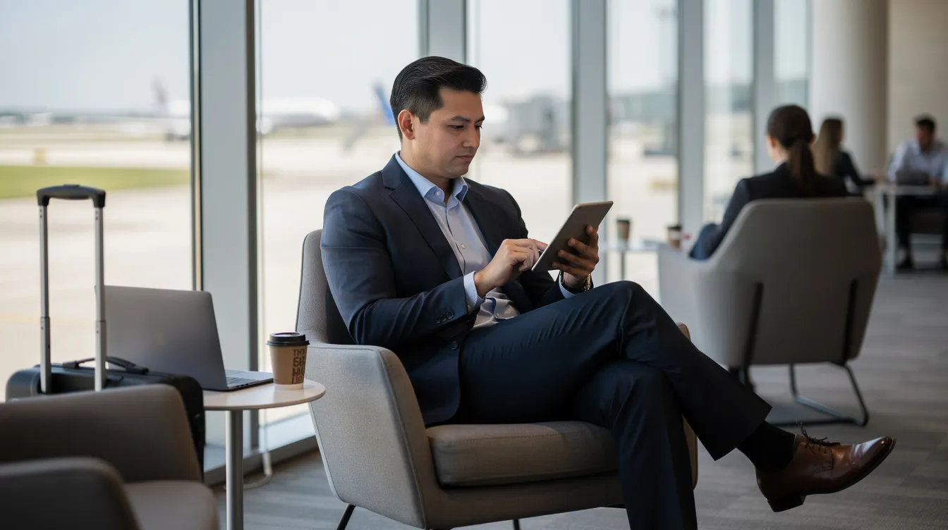 A business professional is seated in a stylish airport lounge, focused on a tablet device while preparing for a private flight to Orange County. The lounge exudes a sense of luxury and relaxation, typical of the amenities found at John Wayne Airport, a key destination for travelers exploring Southern California.