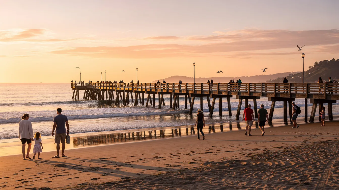 A scenic coastal pier extends into the ocean, bustling with people walking along the sandy beach, surrounded by the beautiful beaches of Orange County, California. This picturesque view captures the essence of Southern California's vibrant coastal lifestyle, inviting visitors to explore the attractions of nearby Newport Beach and Laguna Beach.