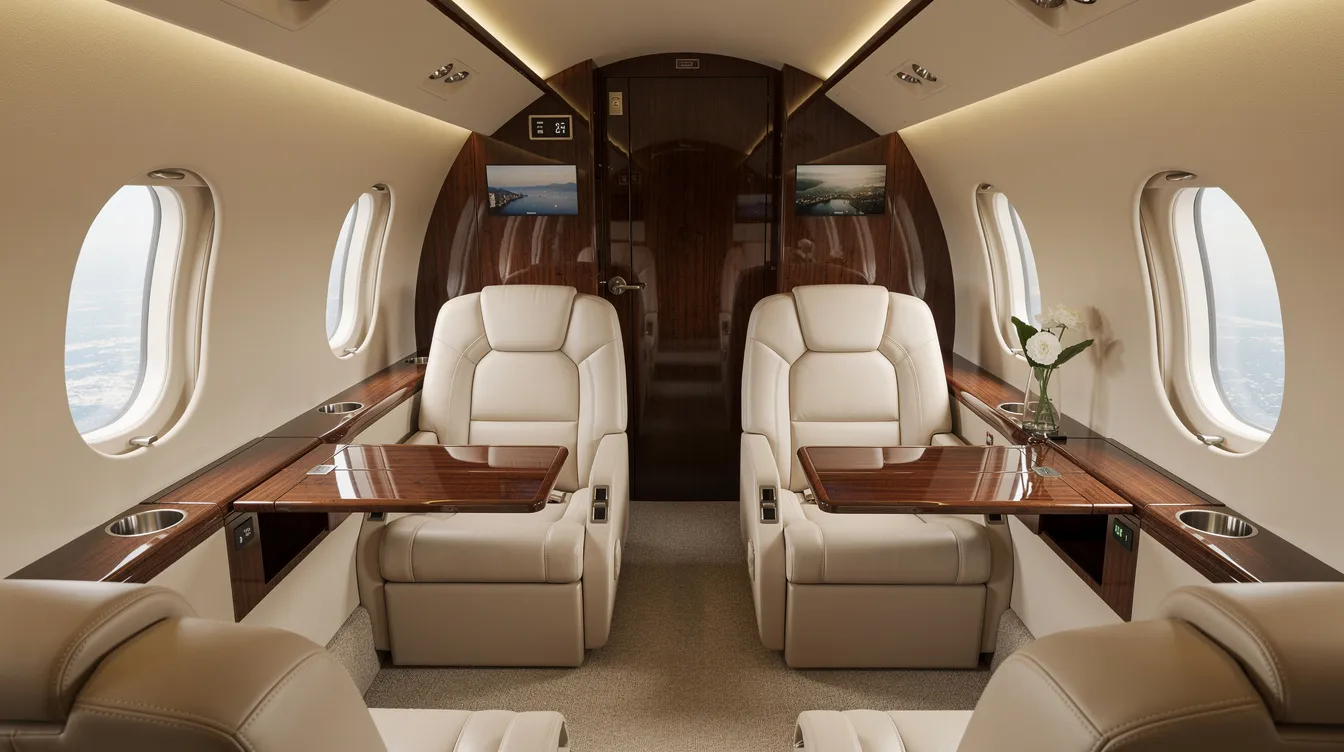 The image depicts the luxurious interior cabin of a midsize private jet, featuring plush leather seats and elegant wood accents, designed for ultimate comfort during private travel. This sophisticated environment reflects the operational excellence of a private jet charter company, ensuring a seamless journey for clients and their travel plans.