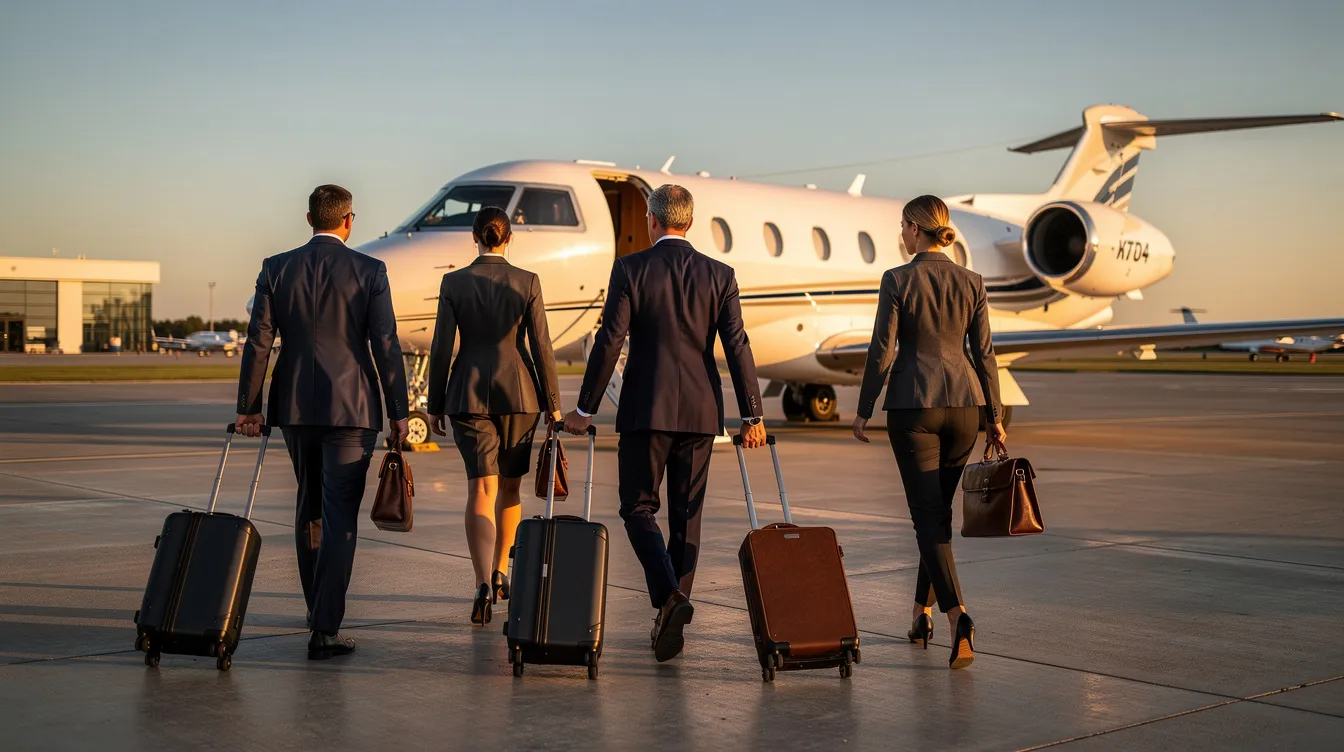 A group of business travelers is walking toward a sleek light jet parked on a private airport tarmac, showcasing the luxury and convenience of private travel. This scene highlights the operational excellence of a private jet charter company, catering to clients seeking efficient transportation for their journeys.
