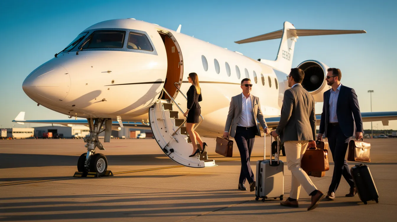 A group of business travelers is boarding a private jet on a sunny day, showcasing the luxury and convenience of private flights for discerning travelers. This scene highlights the seamless travel experience offered by aircraft operators, emphasizing operational excellence and personalized service in corporate travel.