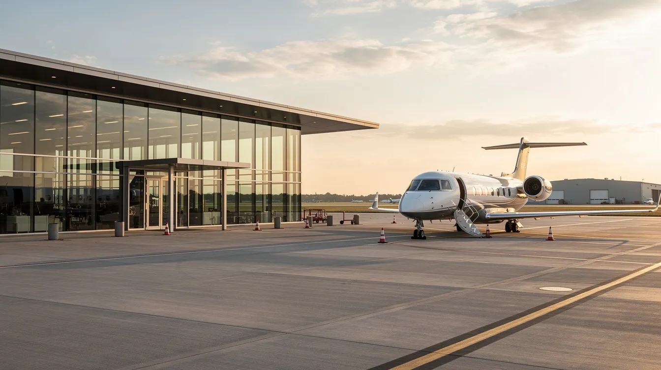 The image depicts a private terminal building with a sleek business jet parked nearby, highlighting the luxury travel experience for discerning travelers. This setting emphasizes personalized service and operational excellence in private flights, catering to the specific needs of aircraft owners and operators.