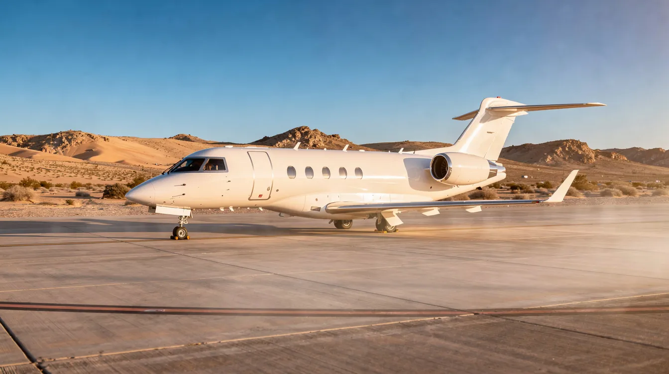 A sleek private jet is parked on the tarmac against a backdrop of a vast desert landscape and a clear blue sky, showcasing the luxury of private jet travel to Las Vegas. This scene reflects the convenience and elegance of private jet charters, ideal for both business and leisure travelers heading to the entertainment capital.