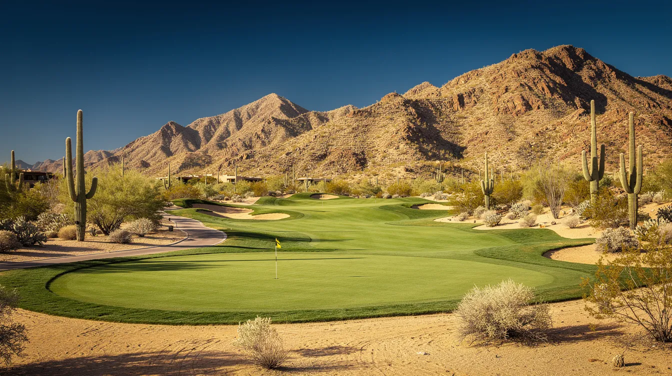The image depicts a stunning desert golf course set against a backdrop of majestic mountains under a clear blue sky, ideal for leisure travelers seeking relaxation and recreation. This picturesque scene captures the essence of luxury air travel to Las Vegas, where business and leisure travelers can enjoy a round of golf before heading to the entertainment capital.