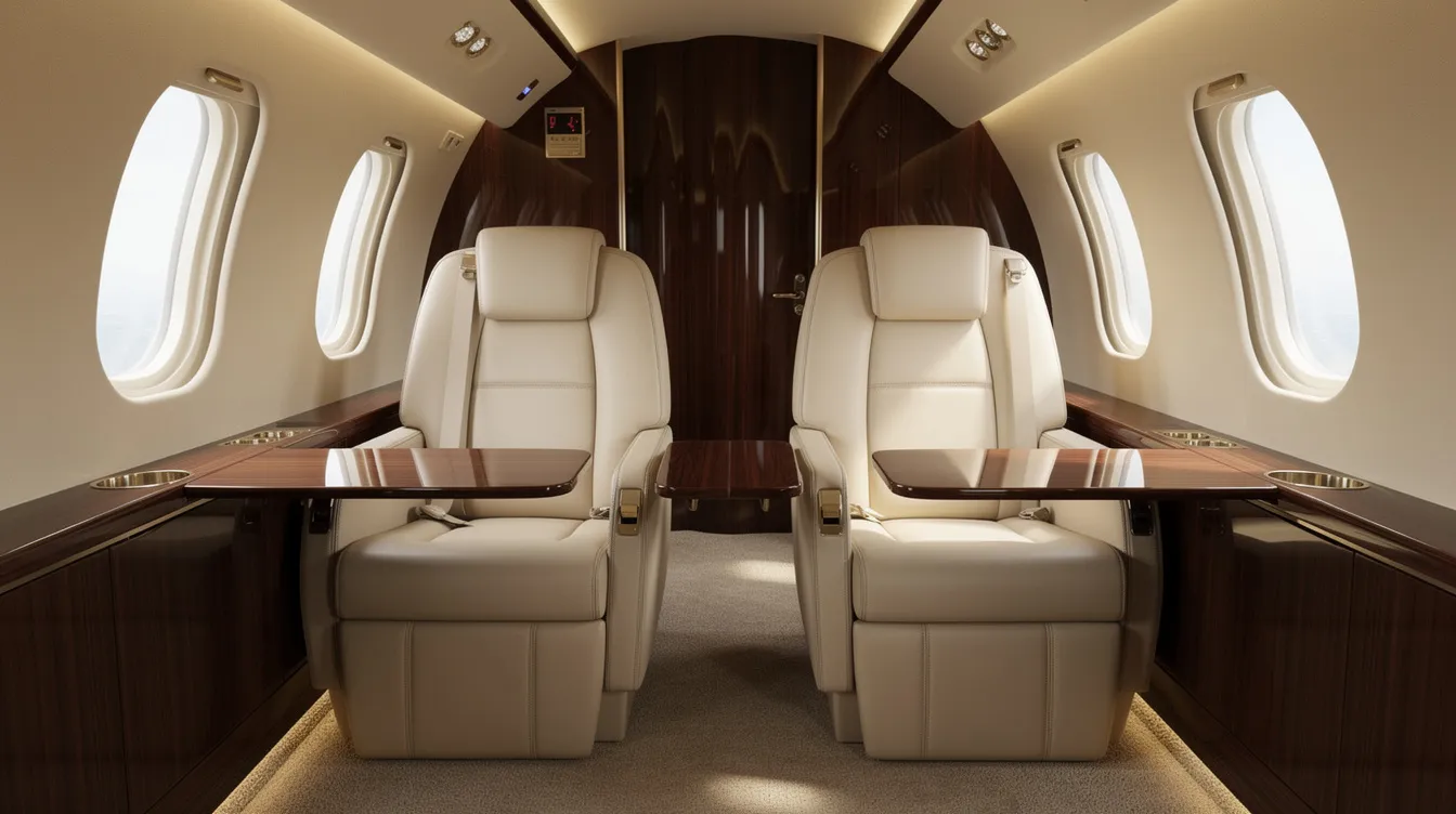 The image showcases the luxurious interior of a Bombardier Learjet 60 cabin, featuring plush leather club seats and elegant wood trim, creating a spacious and comfortable environment for up to four passengers. This mid-size jet is designed for improved efficiency and offers a refined aviation experience.