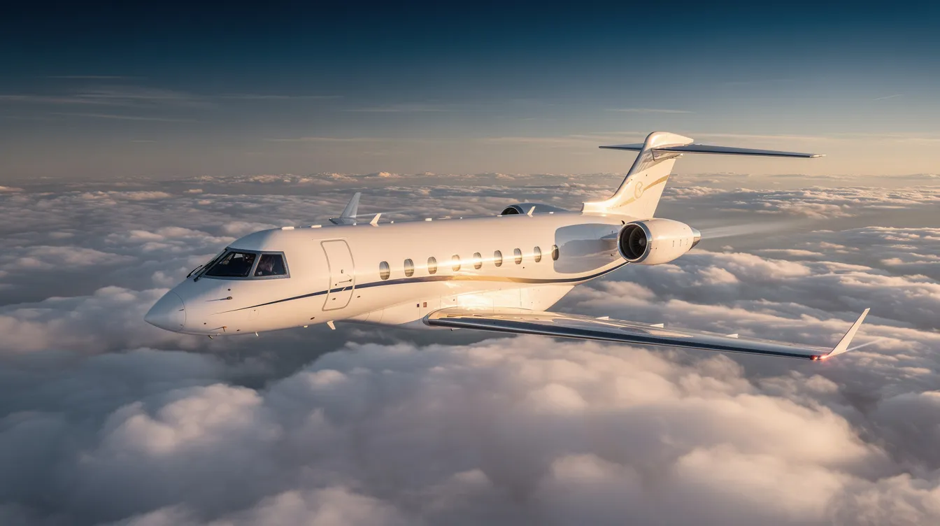 A Bombardier Learjet 60 is soaring above the clouds, showcasing its sleek fuselage and winglet trailing edges. This mid-size jet, known for its spacious cabin and efficient performance, is flying at an altitude of 41,000 feet, highlighting its capabilities for private operators and fractional jet programs.
