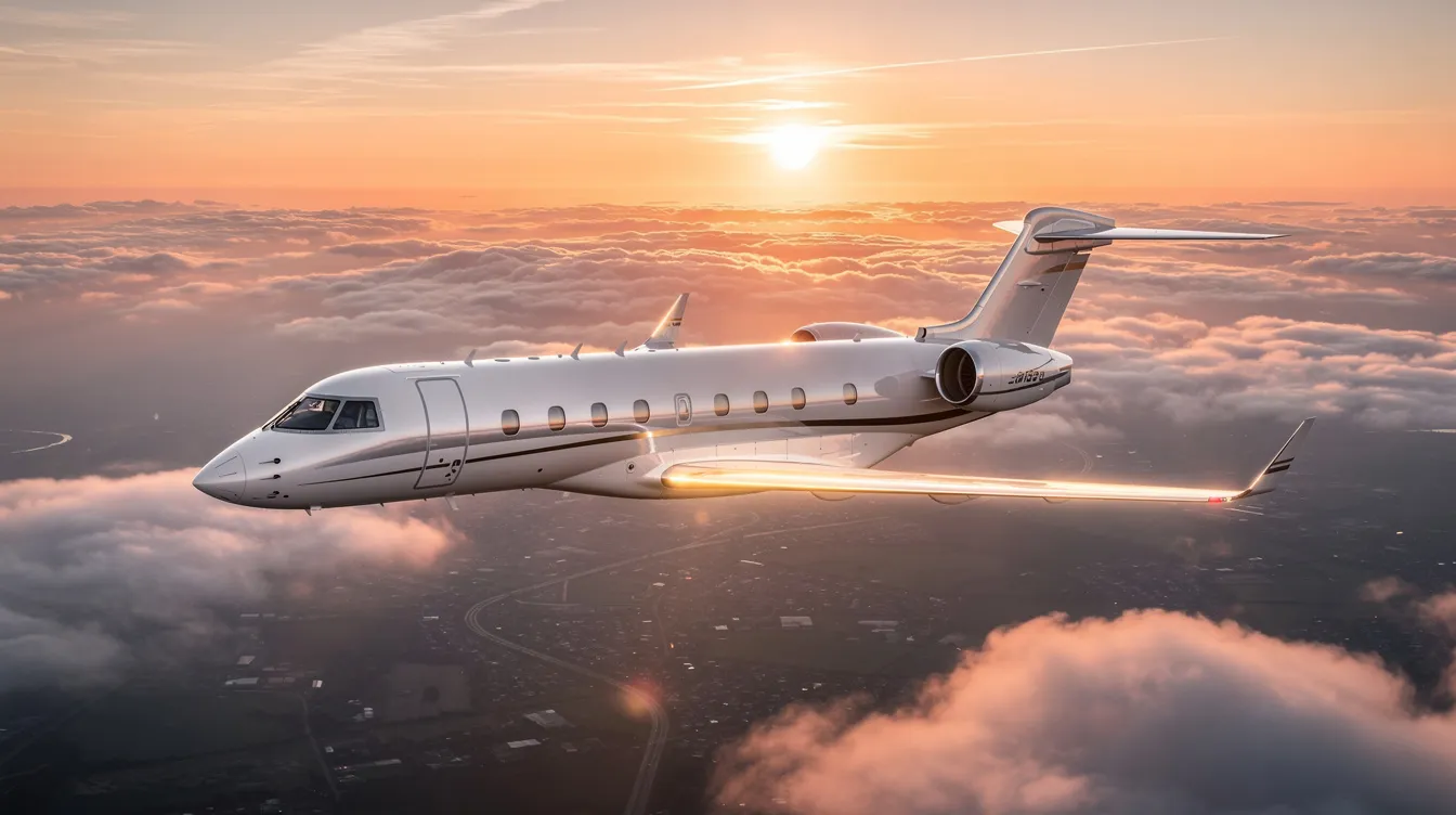 The image depicts a sleek Gulfstream V private jet on a runway, emphasizing its long-range capabilities and luxurious cabin design. Key features like cabin volume, operating costs, and maximum takeoff weight highlight the aircraft's efficiency and comfort for business travel.