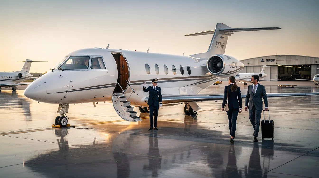 The image depicts a sleek Gulfstream V private jet on a runway, emphasizing its long-range capabilities and luxurious cabin design. Key features like cabin volume, operating costs, and maximum takeoff weight highlight the aircraft's efficiency and comfort for business travel.