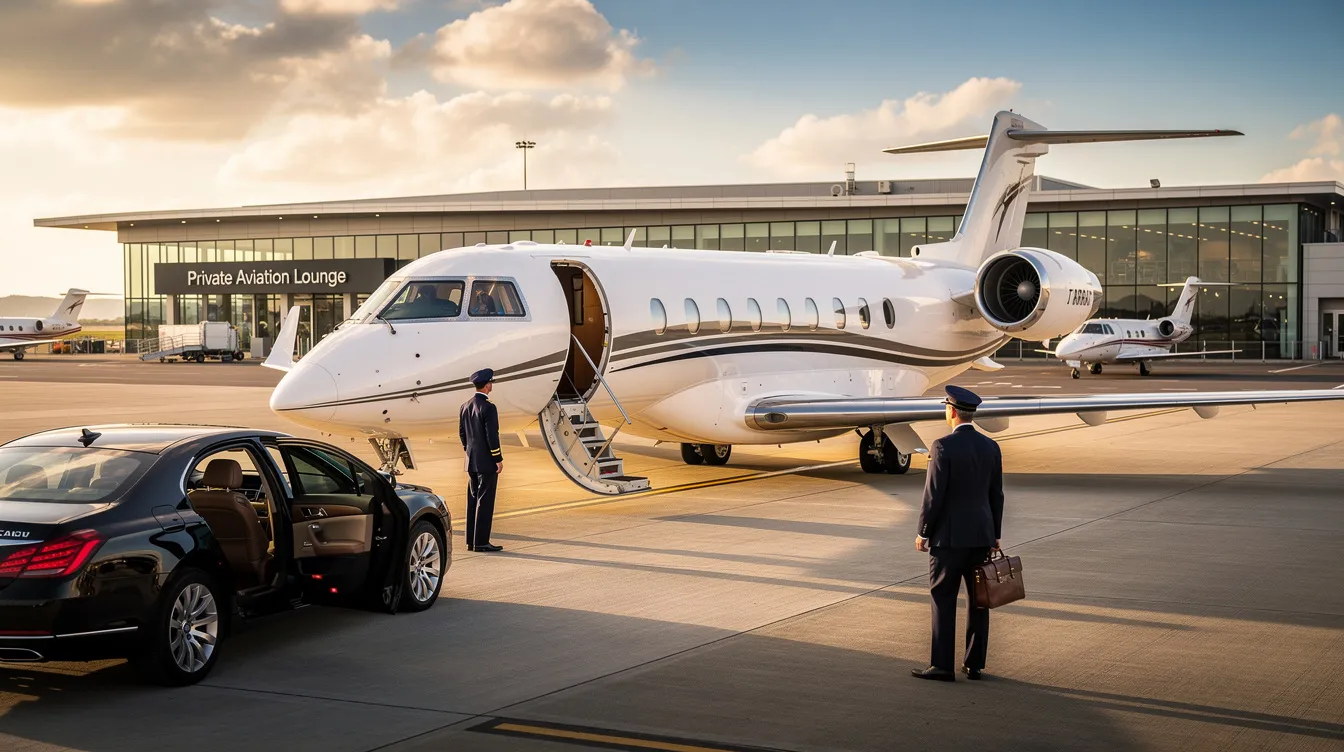 The image showcases a sleek private jet soaring through a clear blue sky, symbolizing the future of personal aviation and air mobility. This luxurious aircraft represents the efficient transportation options available for clients seeking to fly to their desired destinations with style and safety.