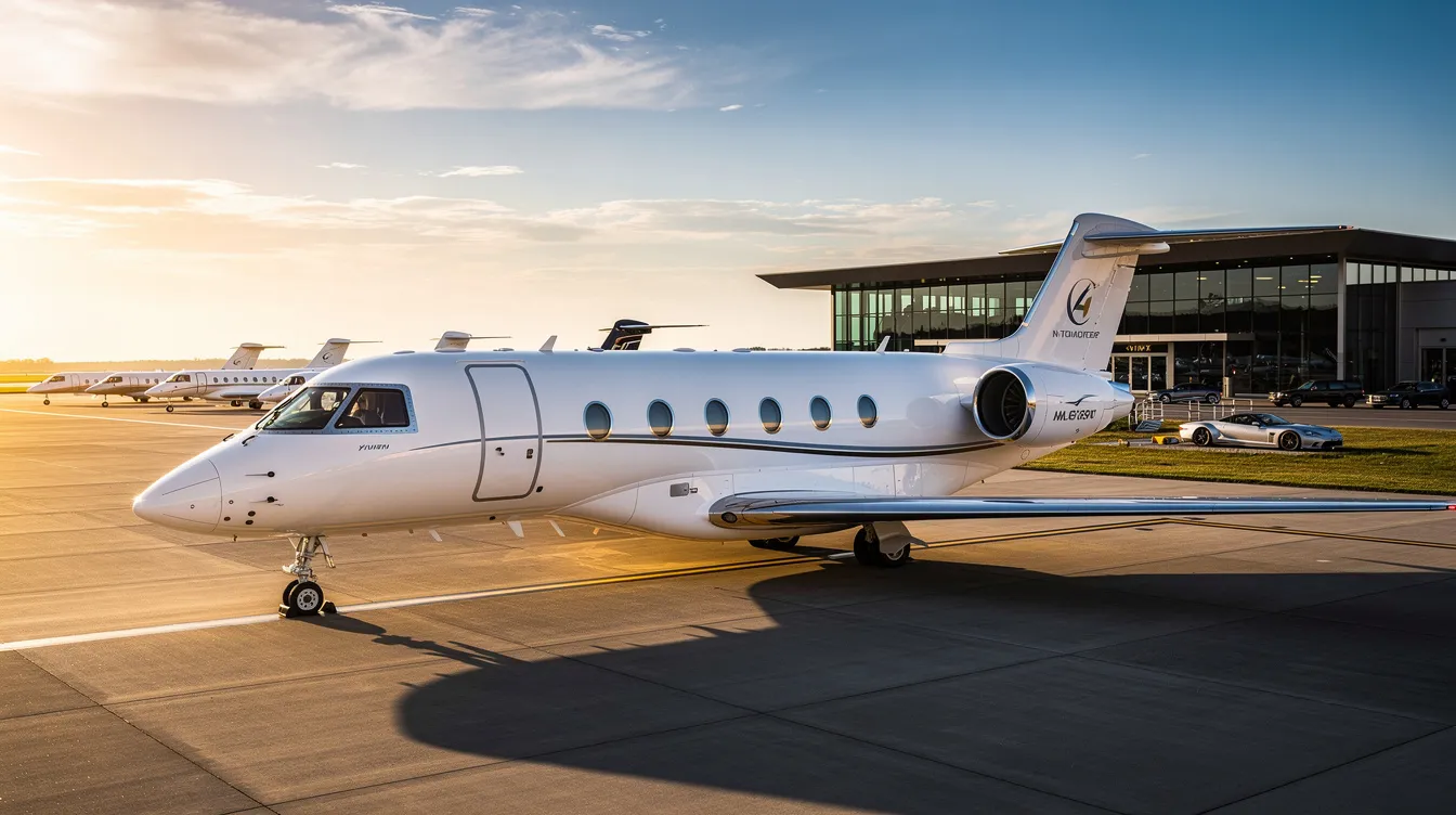 The image showcases a sleek private jet soaring through a clear blue sky, symbolizing the future of personal aviation and air mobility. This luxurious aircraft represents the efficient transportation options available for clients seeking to fly to their desired destinations with style and safety.
