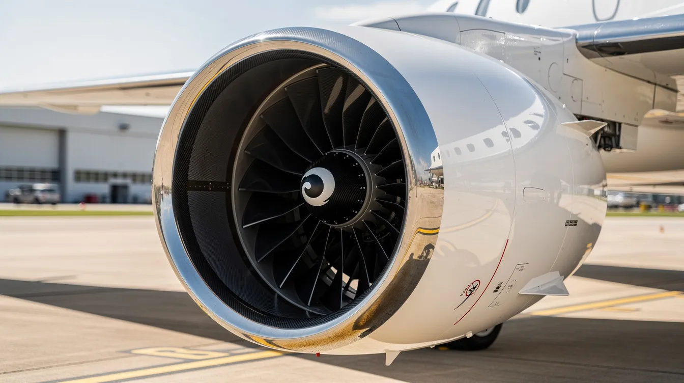 A close-up view of a modern jet engine mounted on a private aircraft, showcasing its sleek design and advanced technology. This image highlights the efficiency and luxury of midsize jets, essential for business aviation and intercontinental flights.