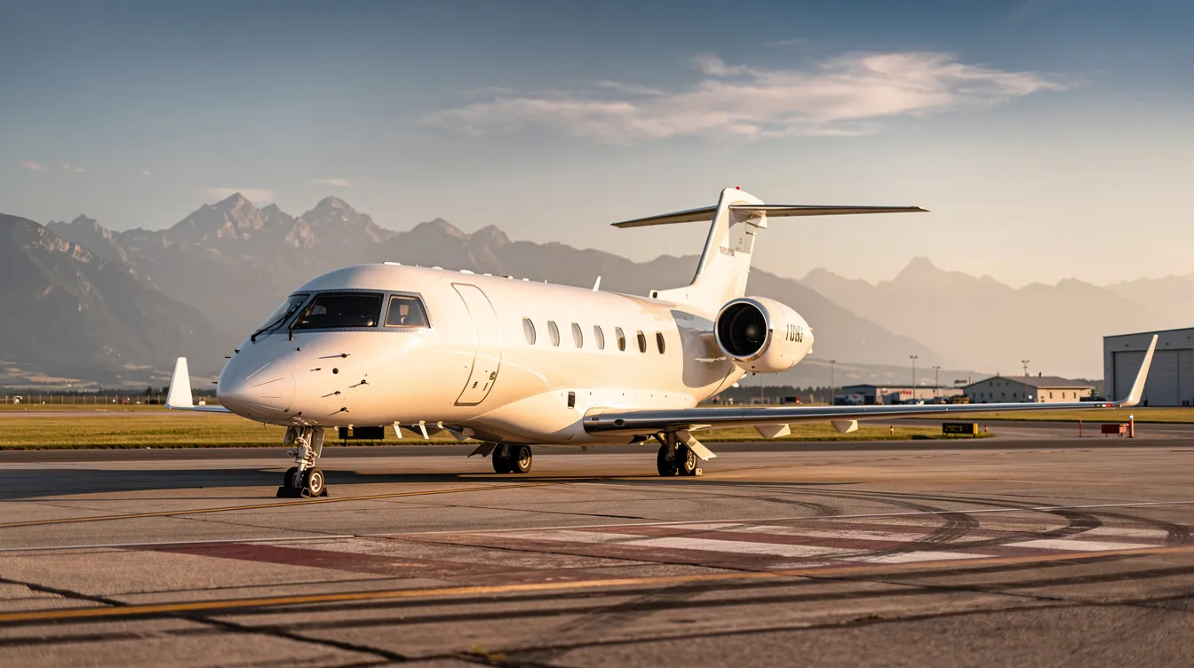 A sleek private jet is parked on the tarmac at a regional airport, with majestic mountains rising in the background. This midsize jet, ideal for business travel, showcases its luxurious cabin and efficient design, highlighting the appeal of private jets for sale.